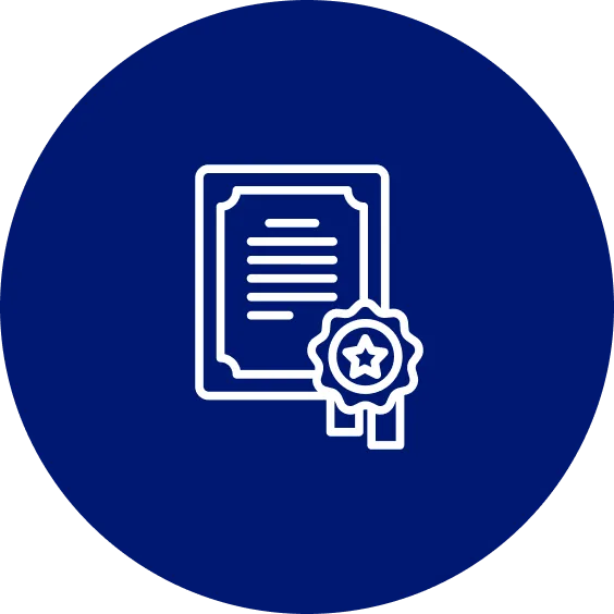 A blue circle with an image of a certificate
